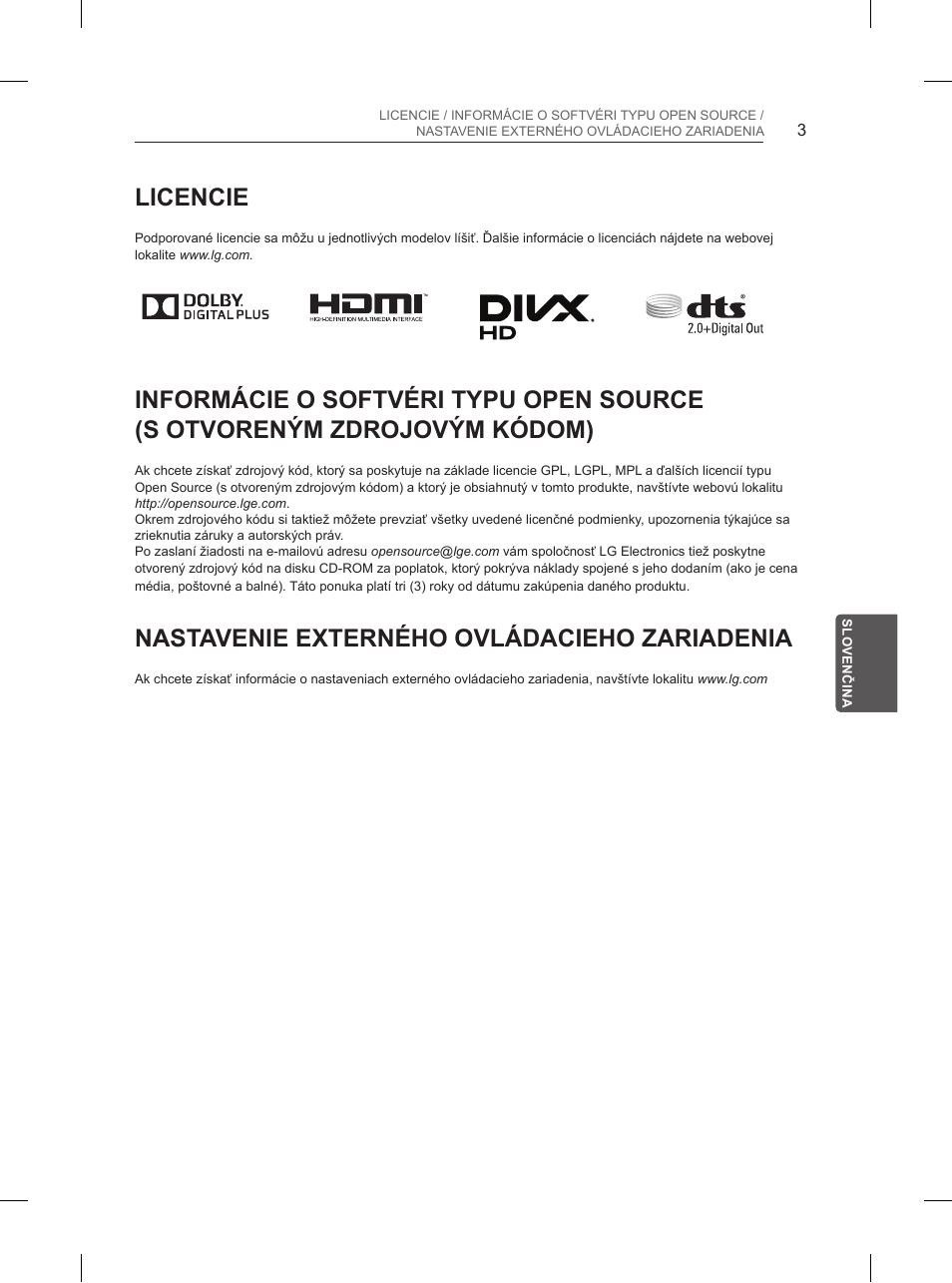 Licencie, Nastavenie externého ovládacieho zariadenia | LG 84UB980V User Manual | Page 195 / 332