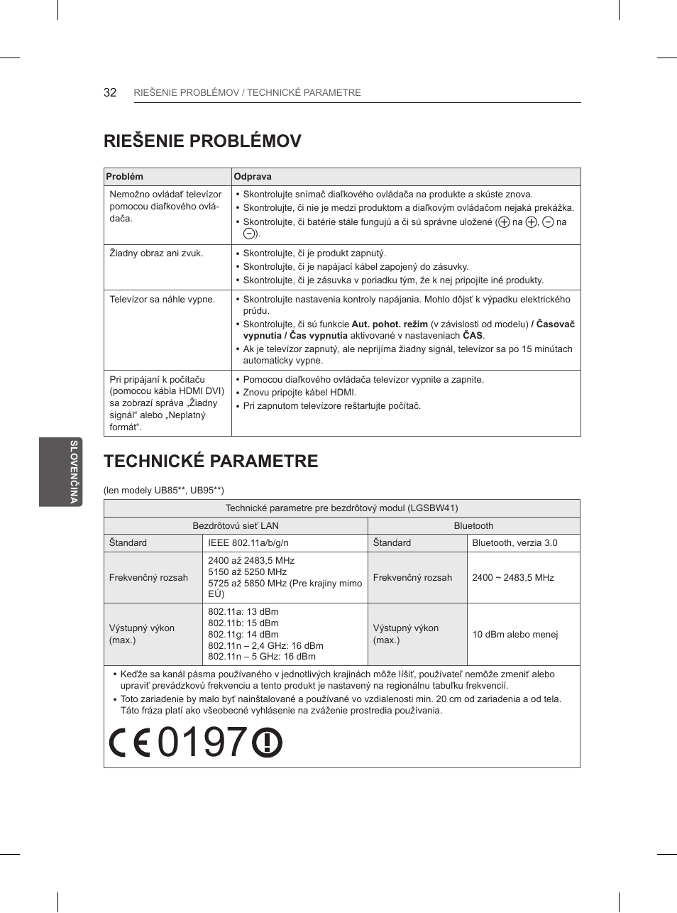 Riešenie problémov, Technické parametre | LG 84UB980V User Manual | Page 224 / 332