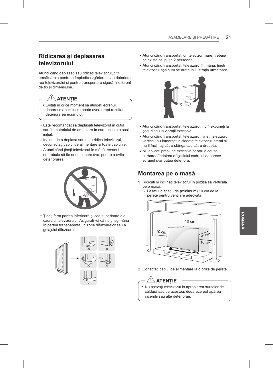 Ridicarea şi deplasarea televizorului, Montarea pe o masă | LG 84UB980V User Manual | Page 247 / 332