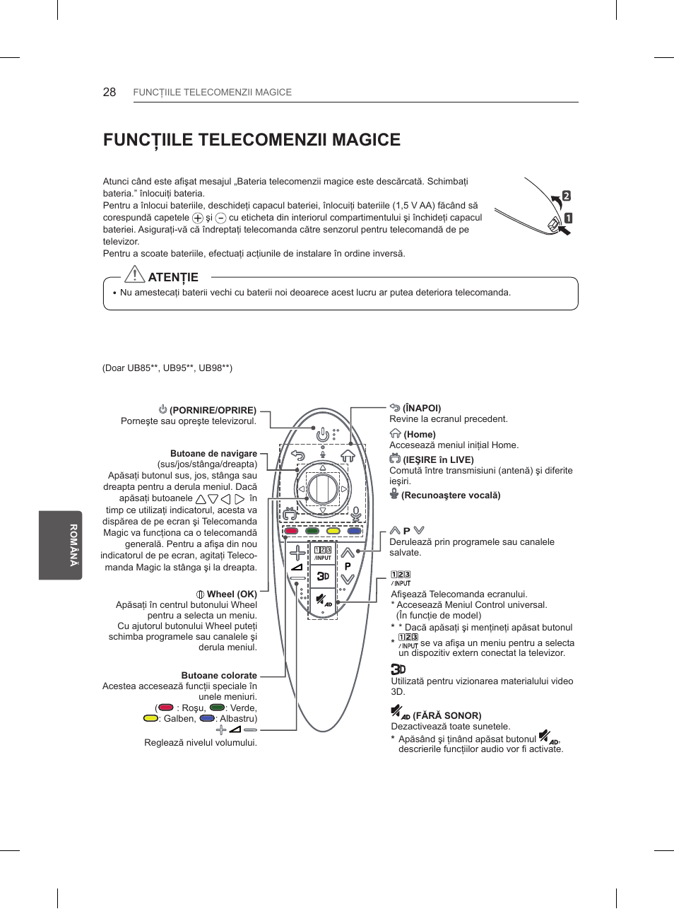 Funcţiile telecomenzii magice | LG 84UB980V User Manual | Page 254 / 332