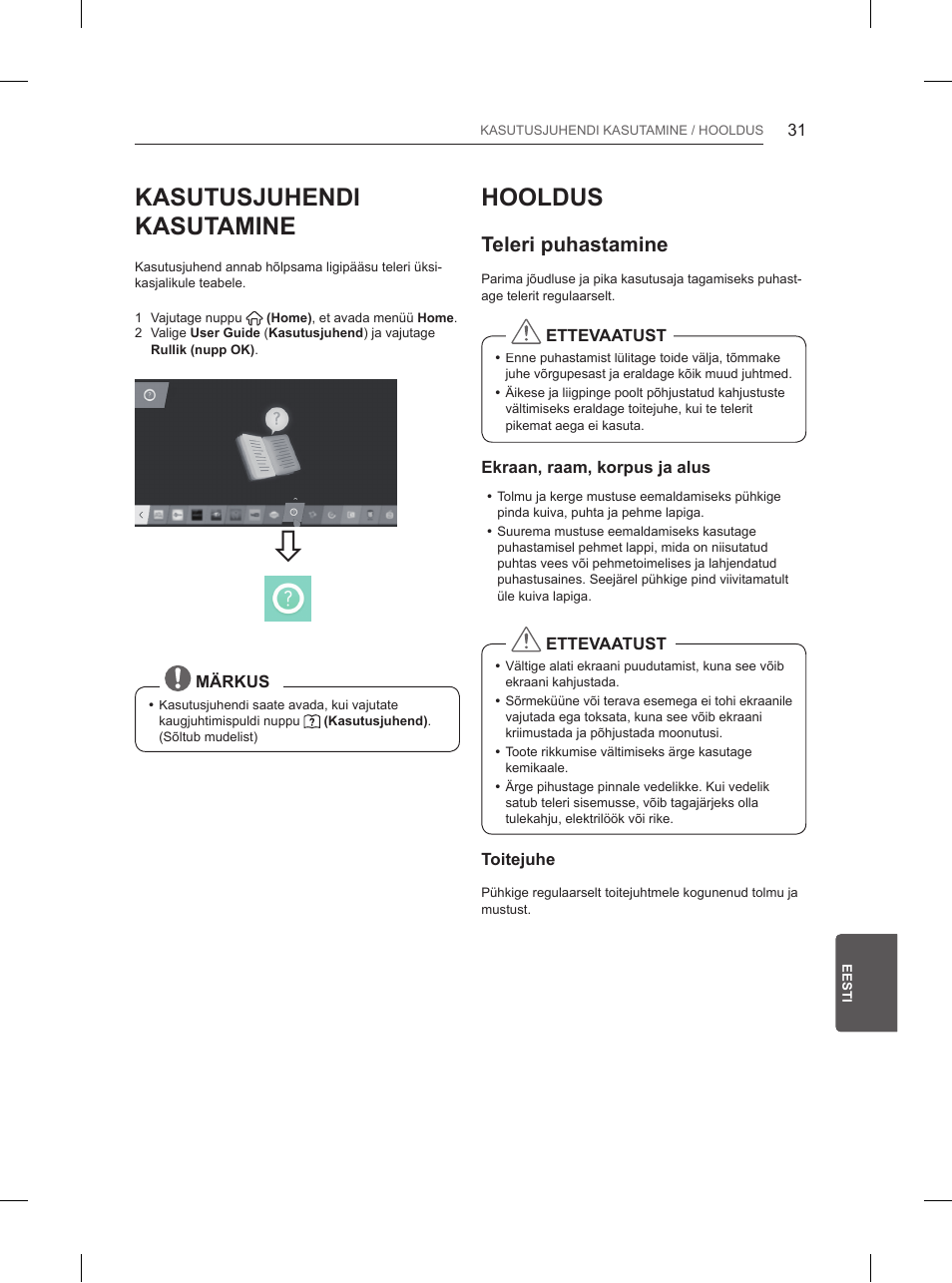 Kasutusjuhendi kasutamine, Hooldus, Teleri puhastamine | LG 84UB980V User Manual | Page 325 / 332