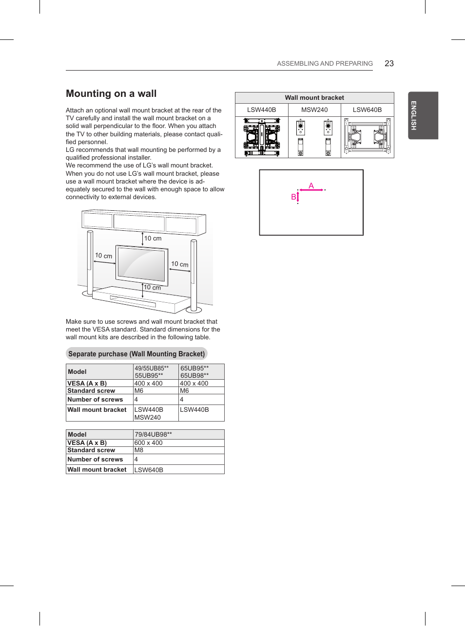 Mounting on a wall | LG 84UB980V User Manual | Page 79 / 332