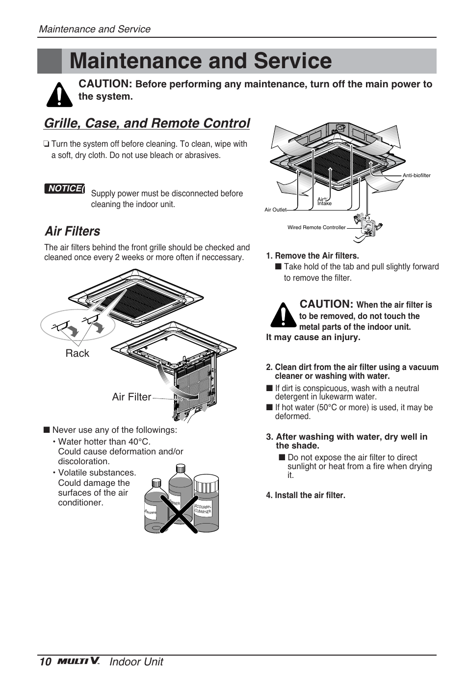 Maintenance and service, Grille, case, and remote control, Air filters | 10 indoor unit, Caution, Air filter rack | LG ARNU48GTMC2 User Manual | Page 10 / 229