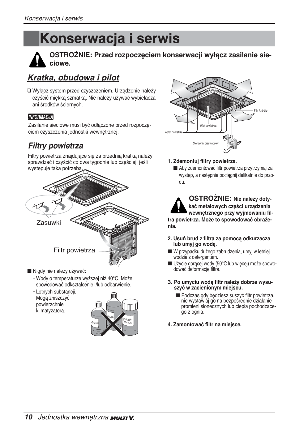 Konserwacja i serwis, Kratka, obudowa i pilot, Filtry powietrza | 10 jednostka wewnętrzna, Ostrożnie, Filtr powietrza zasuwki | LG ARNU48GTMC2 User Manual | Page 106 / 229