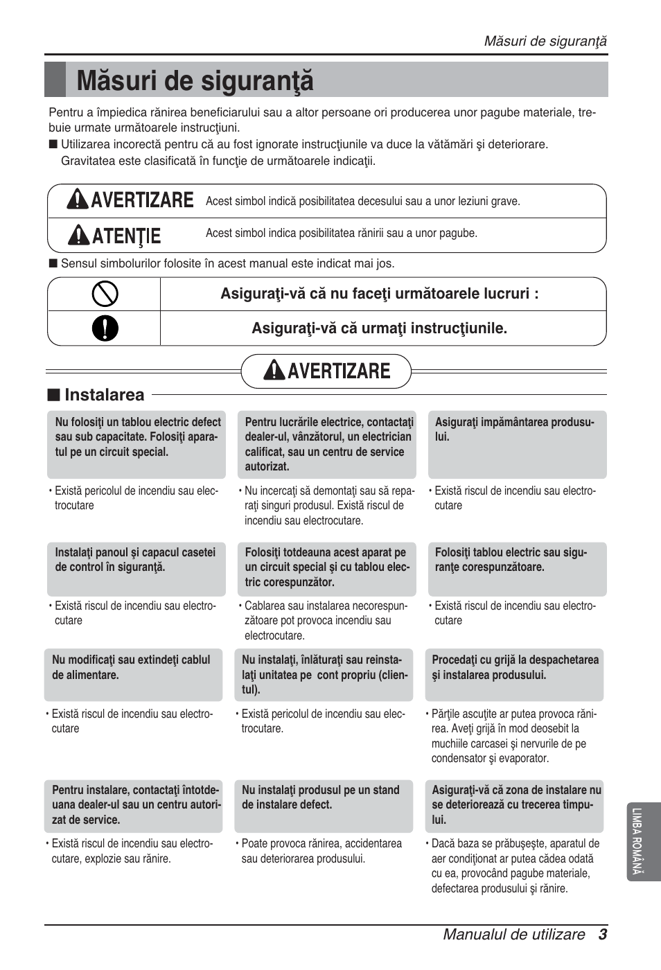 Măsuri de siguranţă, Instalarea, Manualul de utilizare 3 | LG ARNU48GTMC2 User Manual | Page 111 / 229