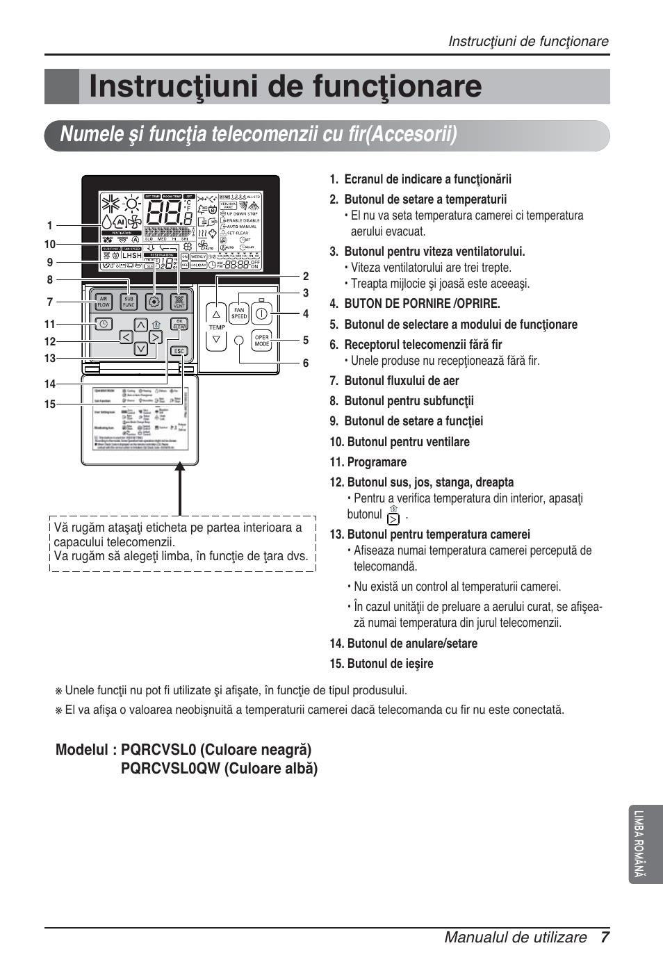 Instrucţiuni de funcţionare, Numele şi funcţia telecomenzii cu fir(accesorii) | LG ARNU48GTMC2 User Manual | Page 115 / 229