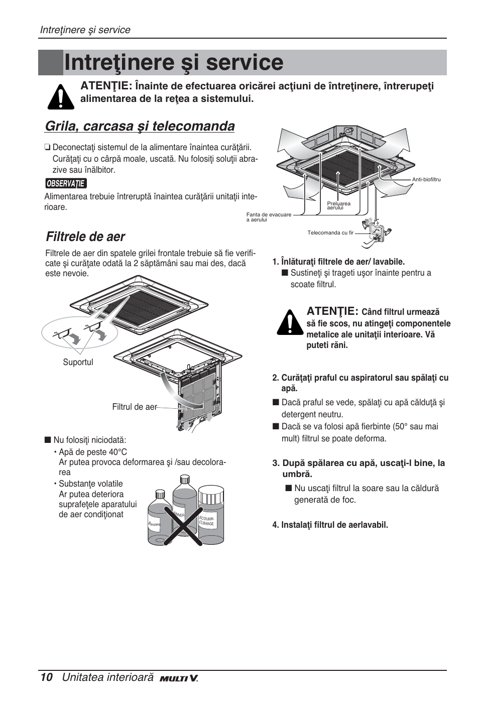 Intreţinere şi service, Grila, carcasa şi telecomanda, Filtrele de aer | 10 unitatea interioară, Atenţie | LG ARNU48GTMC2 User Manual | Page 118 / 229