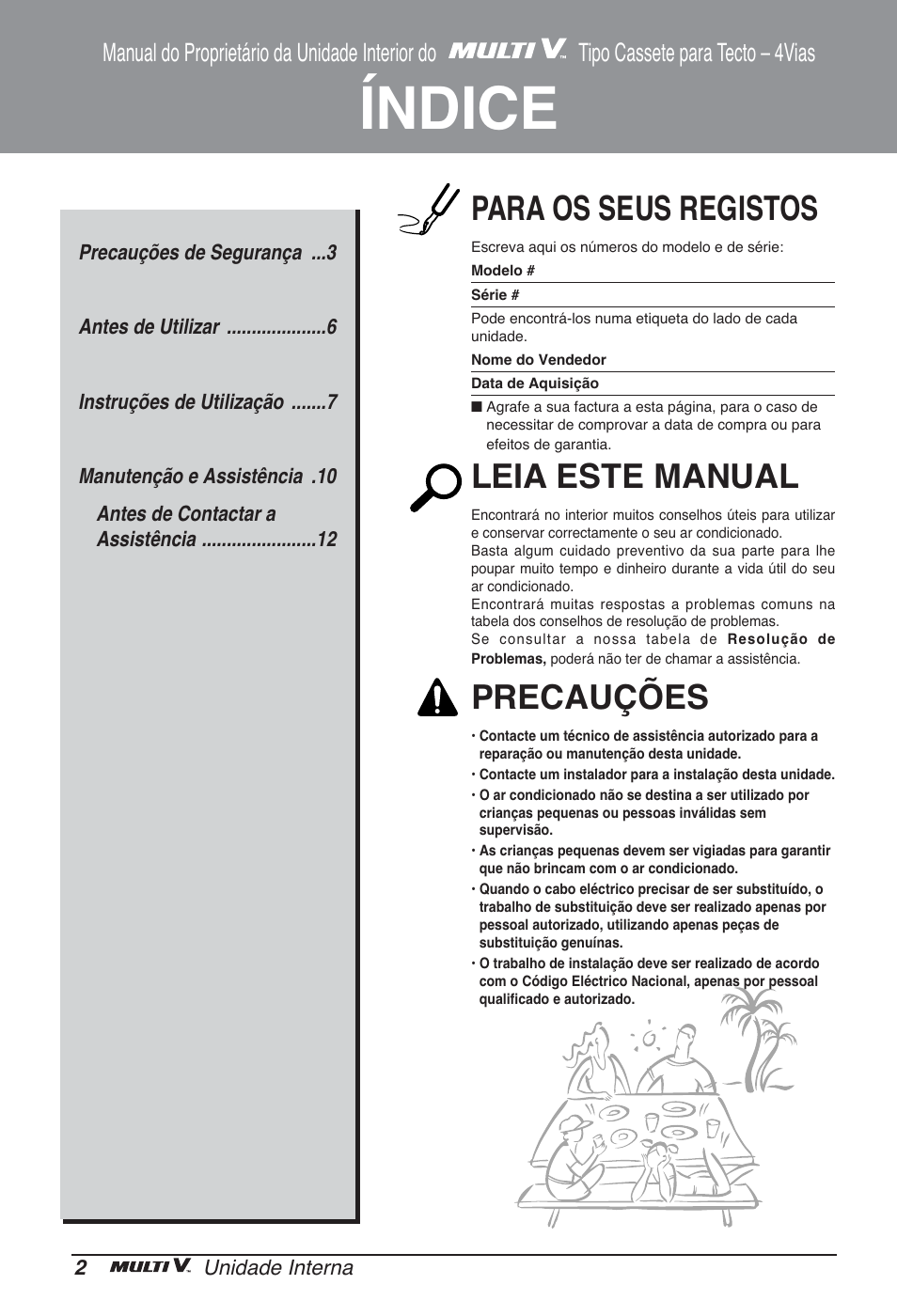 Índice, Para os seus registos, Leia este manual | Precauções | LG ARNU48GTMC2 User Manual | Page 122 / 229