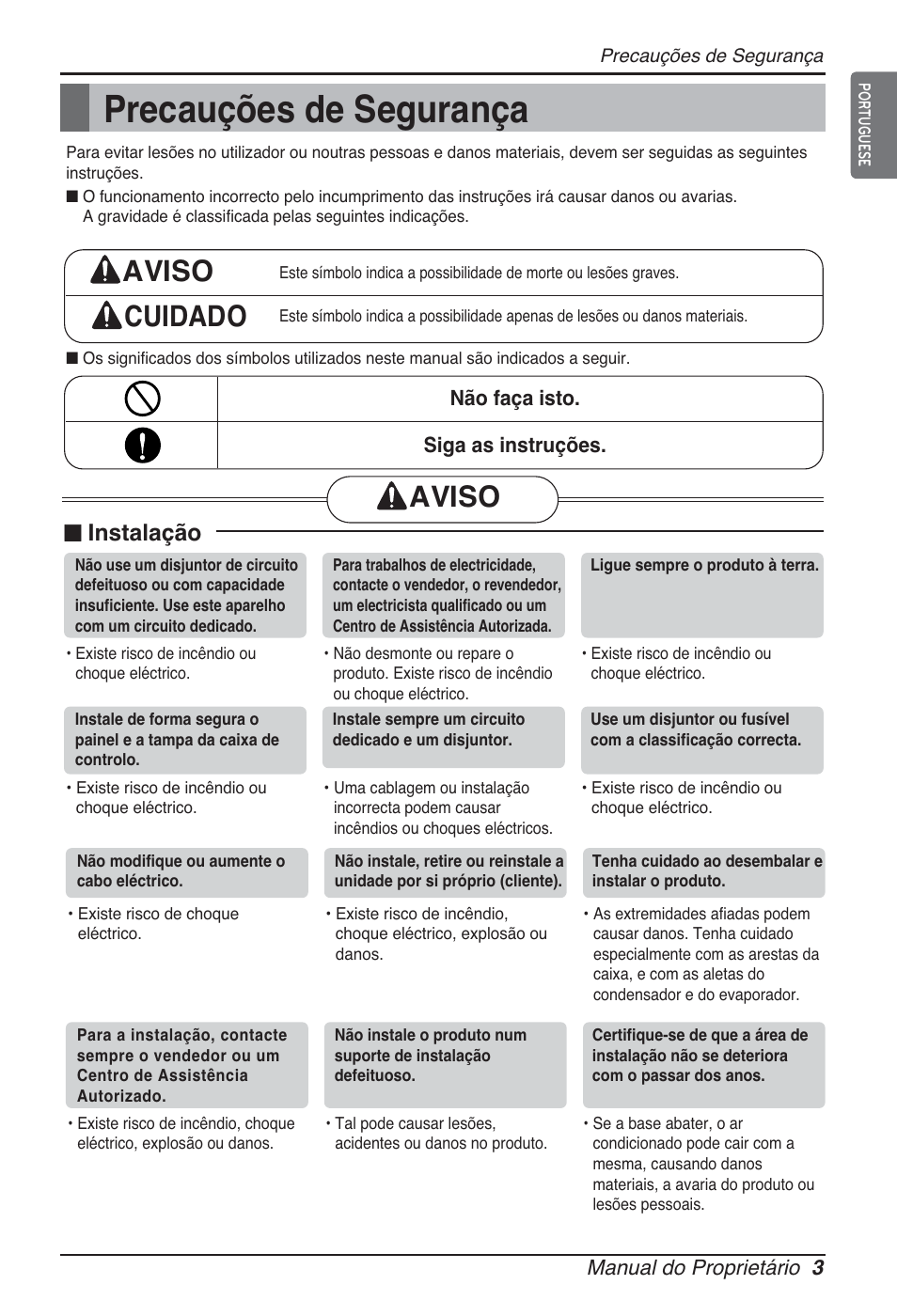 Precauções de segurança, Aviso cuidado, Aviso | N instalação | LG ARNU48GTMC2 User Manual | Page 123 / 229