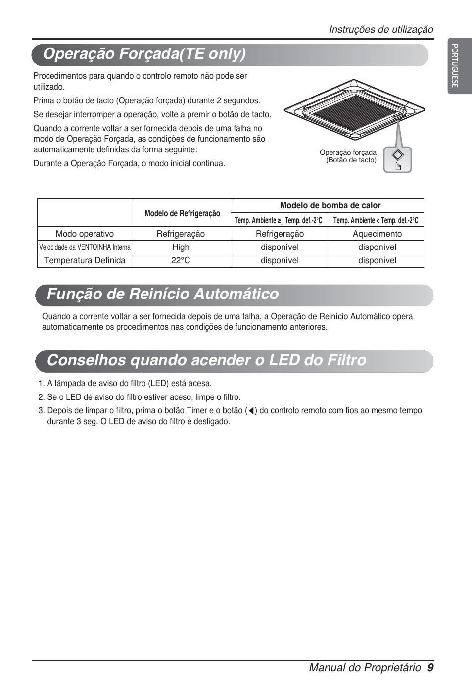 Operação forçada(te only), Manual do proprietário 9 | LG ARNU48GTMC2 User Manual | Page 129 / 229