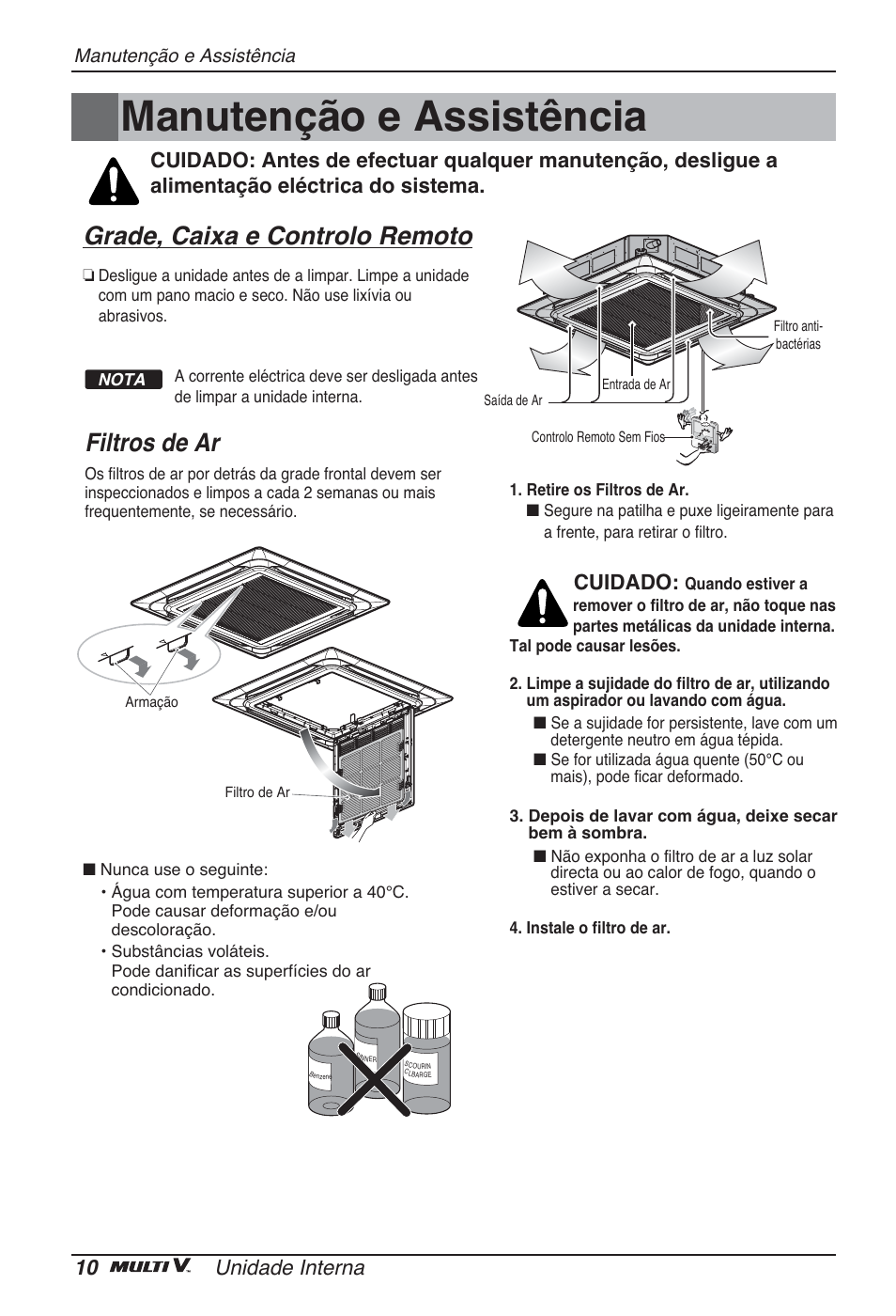 Manutenção e assistência, Grade, caixa e controlo remoto, Filtros de ar | 10 unidade interna, Cuidado | LG ARNU48GTMC2 User Manual | Page 130 / 229