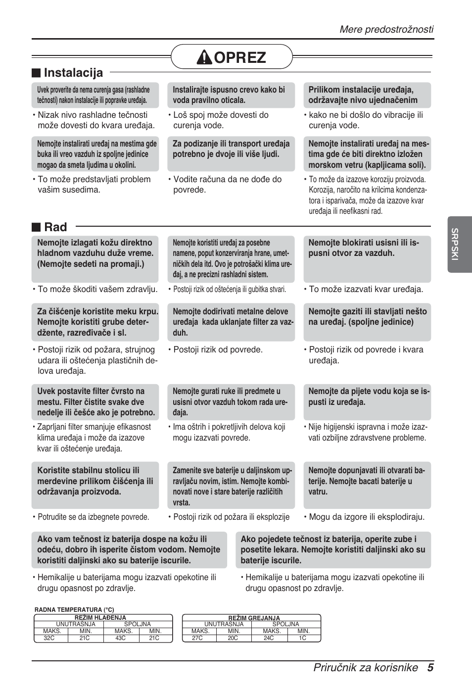 Oprez, N instalacija, N rad | Priručnik za korisnike 5, Mere predostrožnosti | LG ARNU48GTMC2 User Manual | Page 161 / 229