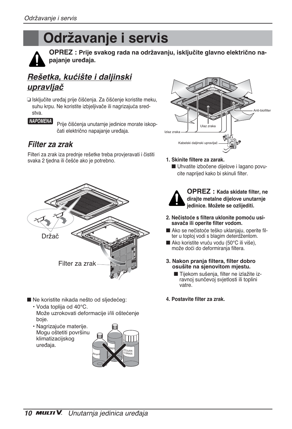 Održavanje i servis, Rešetka, kućište i daljinski upravljač, Filter za zrak | 10 unutarnja jedinica uređaja, Oprez, Filter za zrak držač | LG ARNU48GTMC2 User Manual | Page 178 / 229