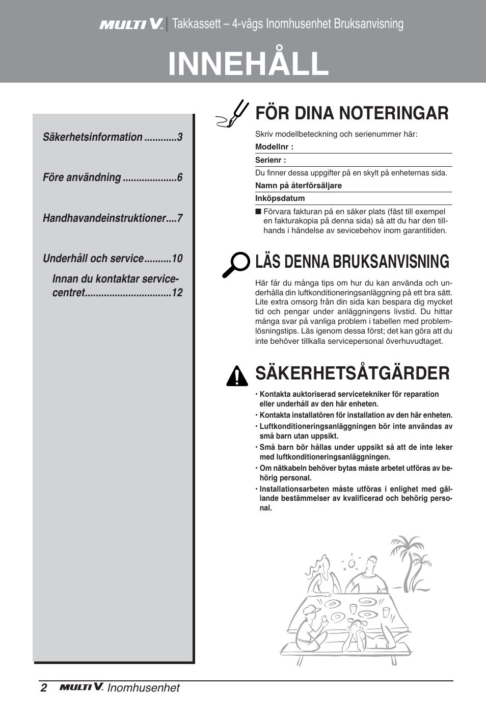 Innehåll, Läs denna bruksanvisning, Säkerhetsåtgärder | Takkassett – 4-vägs inomhusenhet bruksanvisning | LG ARNU48GTMC2 User Manual | Page 182 / 229