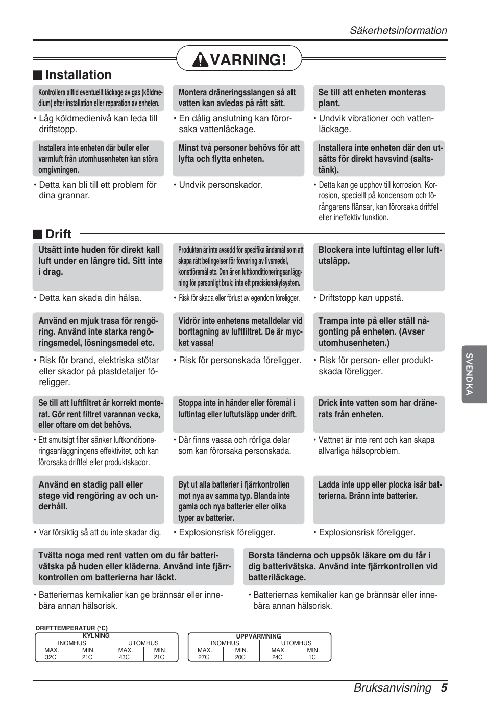 Varning, N installation, N drift | Bruksanvisning 5, Säkerhetsinformation | LG ARNU48GTMC2 User Manual | Page 185 / 229