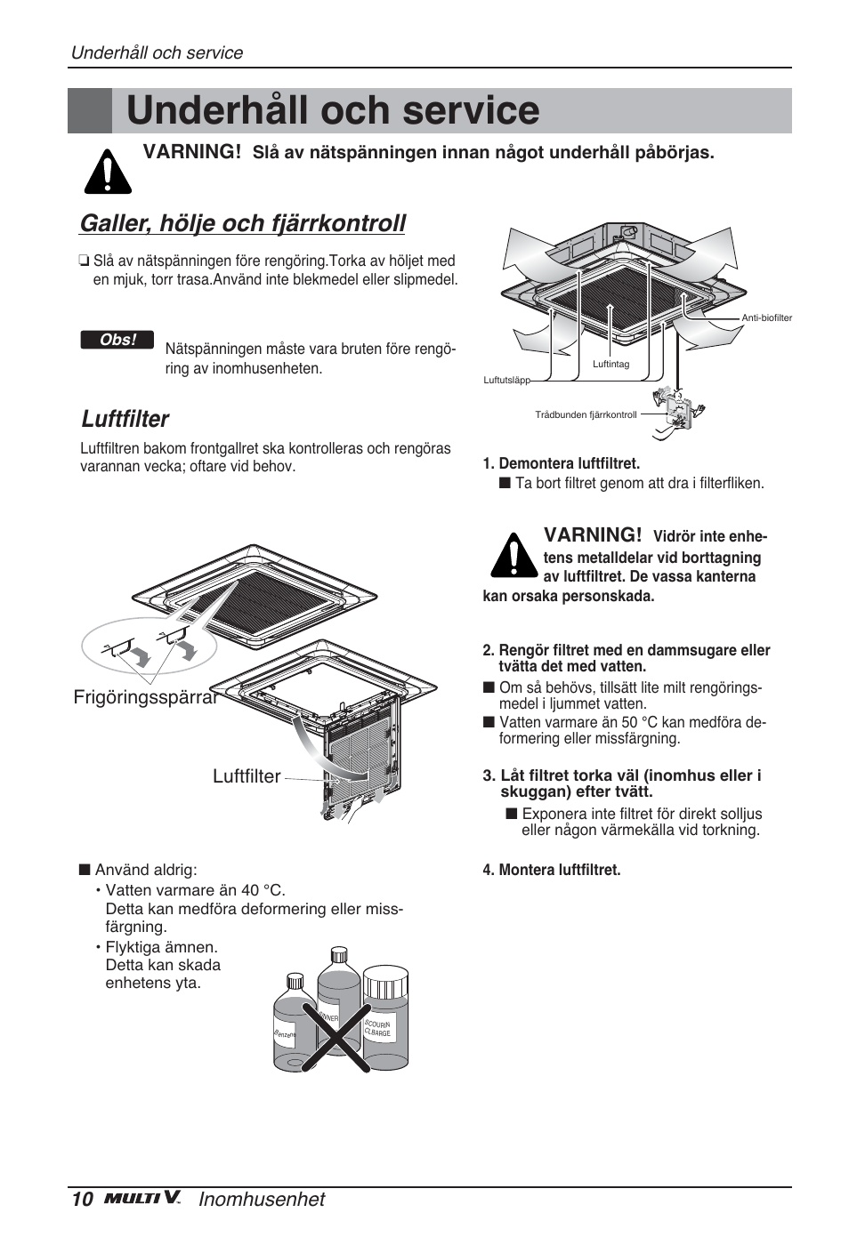 Underhåll och service, Galler, hölje och fjärrkontroll, Luftfilter | 10 inomhusenhet, Varning, Luftfilter frigöringsspärrar | LG ARNU48GTMC2 User Manual | Page 190 / 229