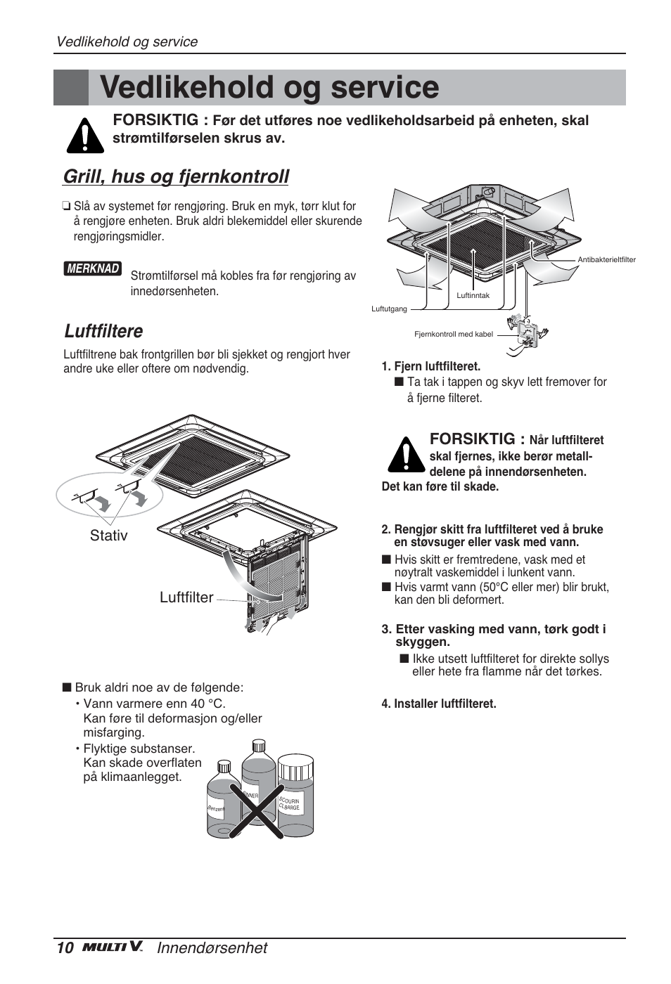 Vedlikehold og service, Grill, hus og fjernkontroll, Luftfiltere | 10 innendørsenhet, Forsiktig, Luftfilter stativ | LG ARNU48GTMC2 User Manual | Page 202 / 229