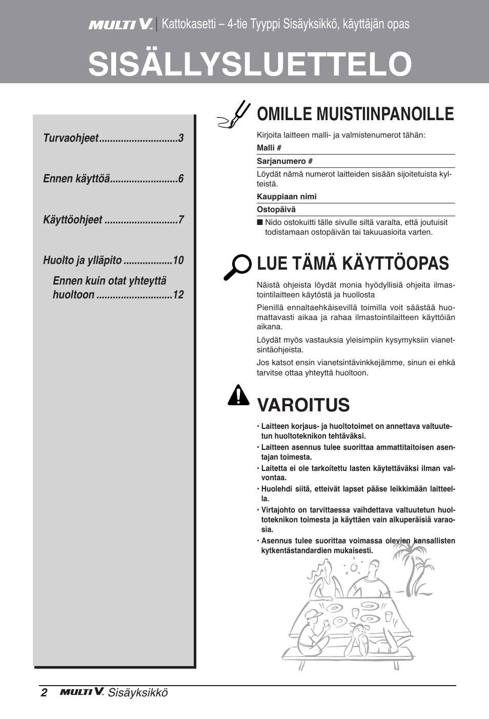 Sisällysluettelo, Omille muistiinpanoille, Lue tämä käyttöopas | Varoitus | LG ARNU48GTMC2 User Manual | Page 206 / 229