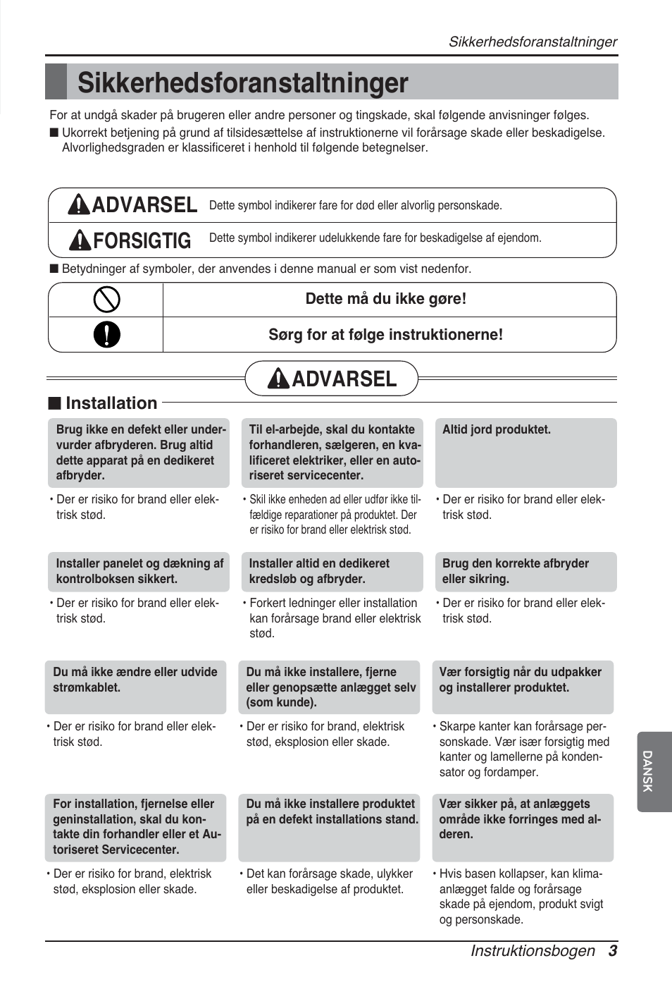 Sikkerhedsforanstaltninger, Advarsel forsigtig, Advarsel | N installation | LG ARNU48GTMC2 User Manual | Page 219 / 229