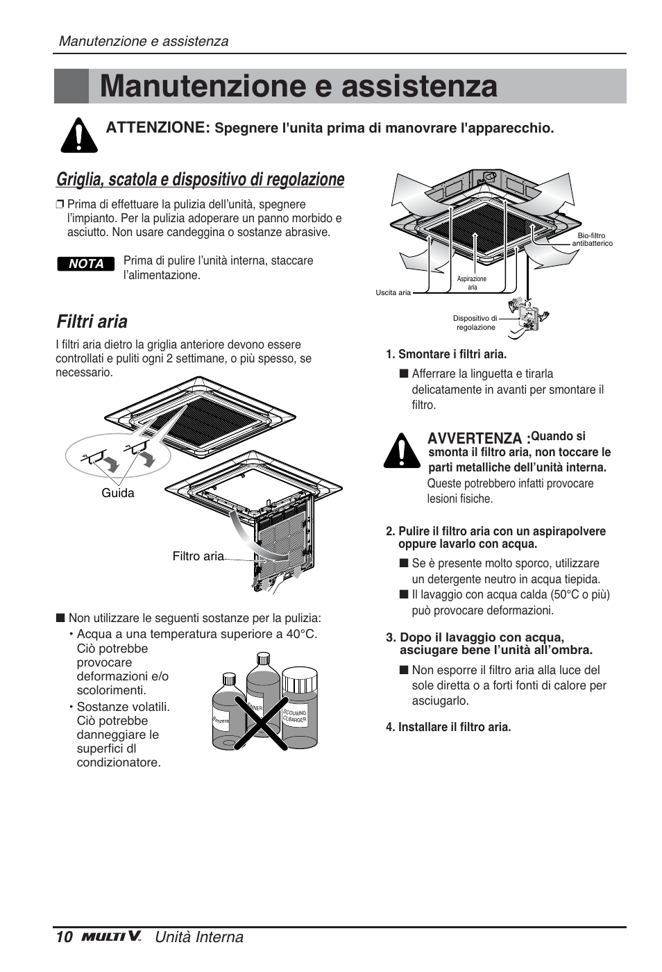 Filtri aria, Griglia, scatola e dispositivo di regolazione, 10 unità interna | Avvertenza, Attenzione, Manutenzione e assistenza, Spegnere l'unita prima di manovrare l'apparecchio | LG ARNU48GTMC2 User Manual | Page 22 / 229