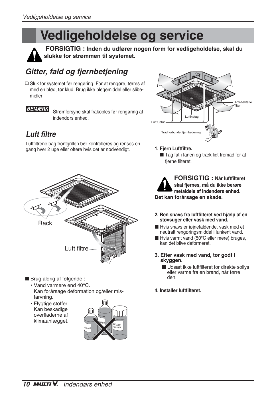 Vedligeholdelse og service, Gitter, fald og fjernbetjening, Luft filtre | 10 indendørs enhed, Forsigtig, Luft filtre rack | LG ARNU48GTMC2 User Manual | Page 226 / 229
