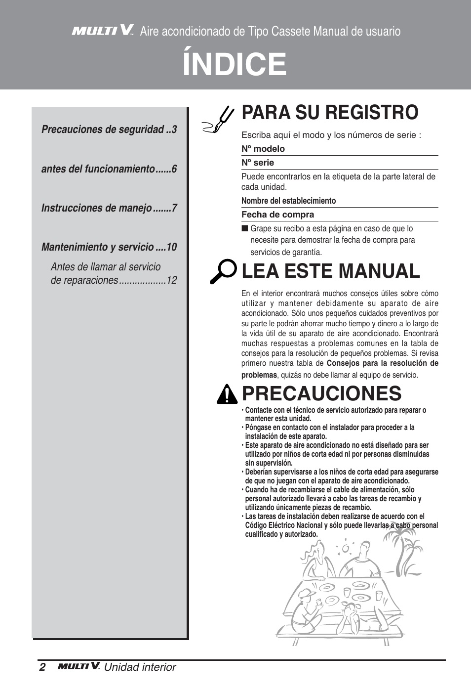 Índice, Para su registro, Lea este manual | Precauciones | LG ARNU48GTMC2 User Manual | Page 26 / 229