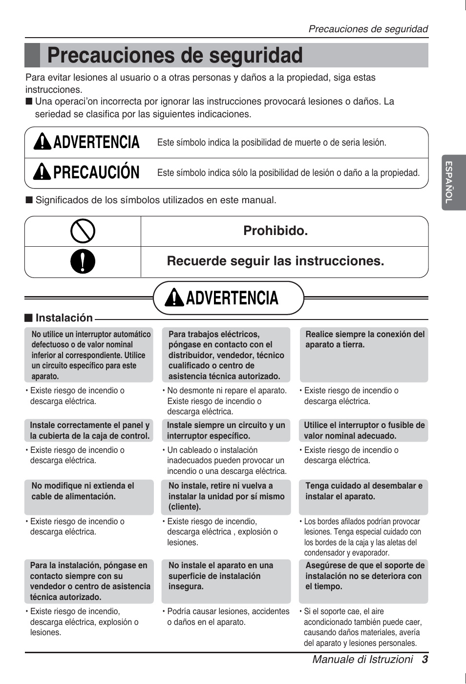 Precauciones de seguridad, Advertencia, Advertencia precaución | Prohibido. recuerde seguir las instrucciones | LG ARNU48GTMC2 User Manual | Page 27 / 229