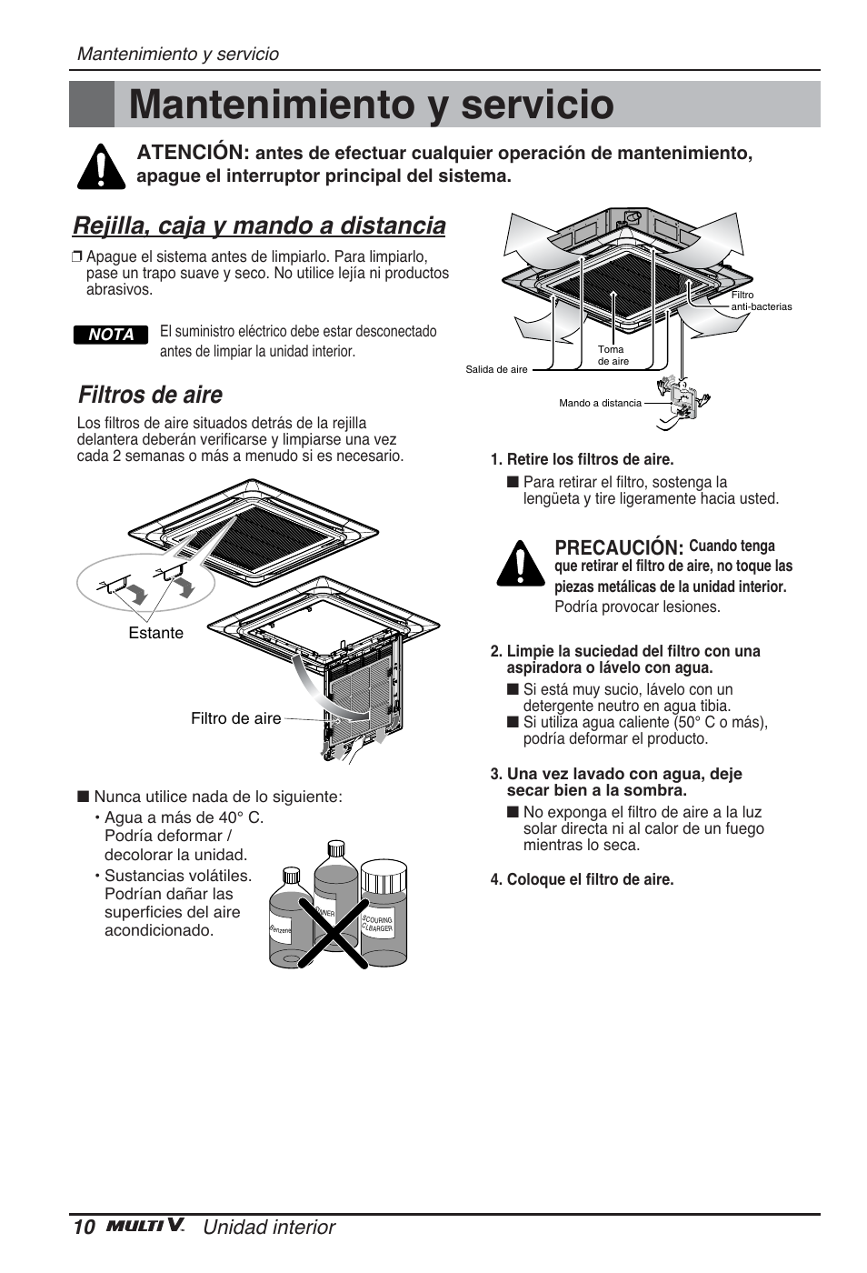 Mantenimiento y servicio, Filtros de aire, Rejilla, caja y mando a distancia | 10 unidad interior, Precaución, Atención | LG ARNU48GTMC2 User Manual | Page 34 / 229