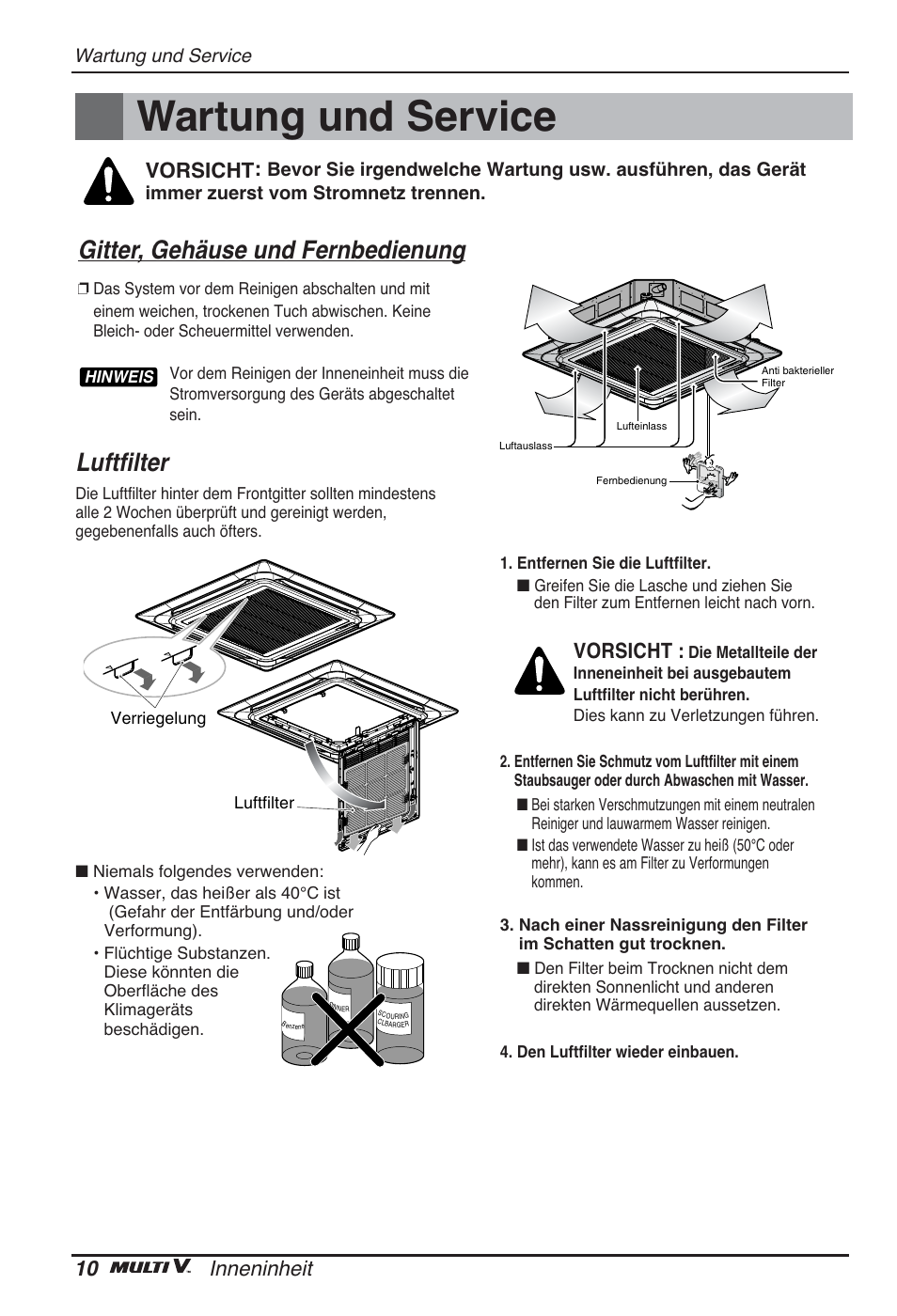 Wartung und service, Luftfilter, Gitter, gehäuse und fernbedienung | 10 inneninheit, Vorsicht | LG ARNU48GTMC2 User Manual | Page 58 / 229