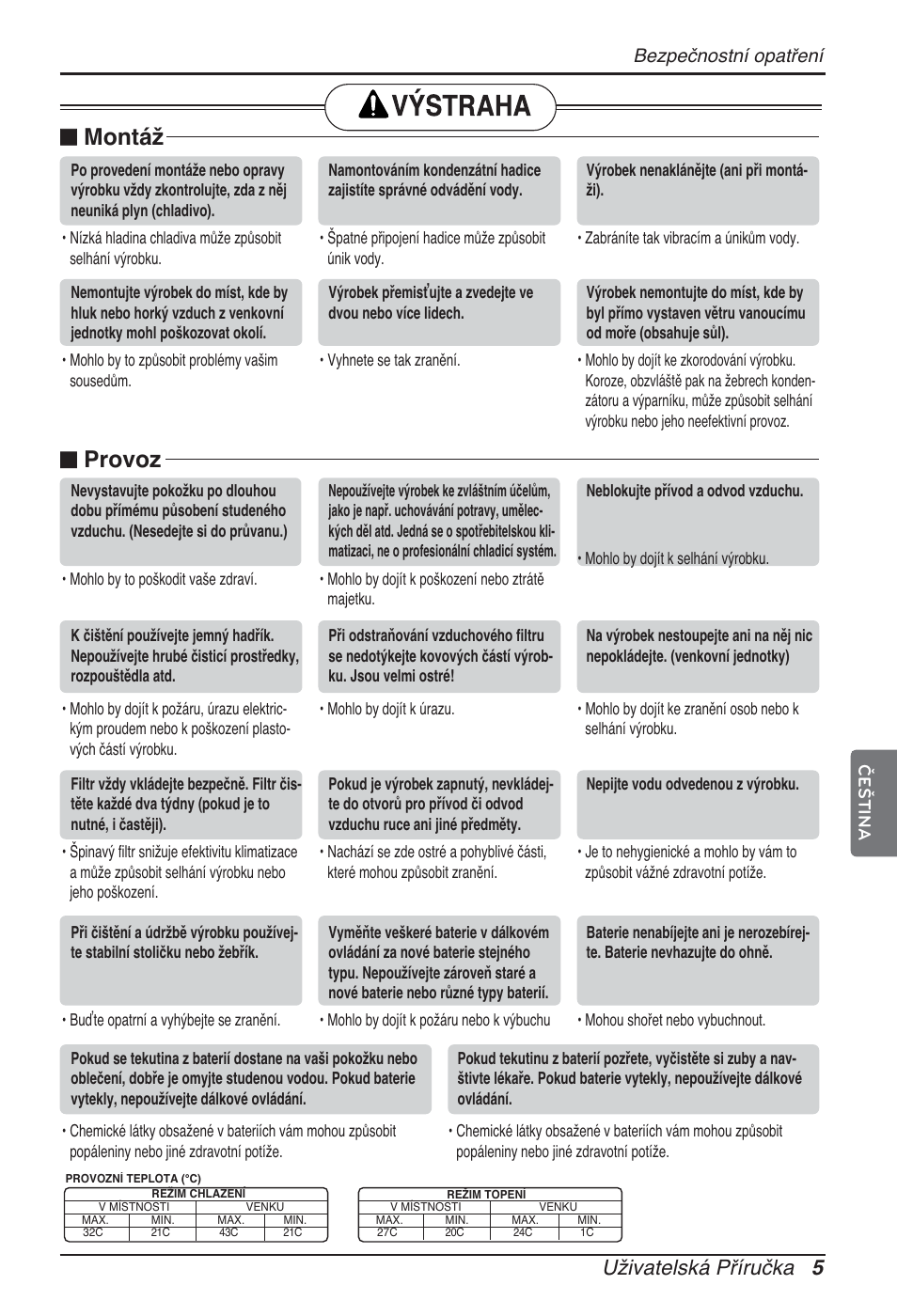 Provoz, Montáž, Uživatelská příručka 5 | Bezpečnostní opatření | LG ARNU48GTMC2 User Manual | Page 77 / 229