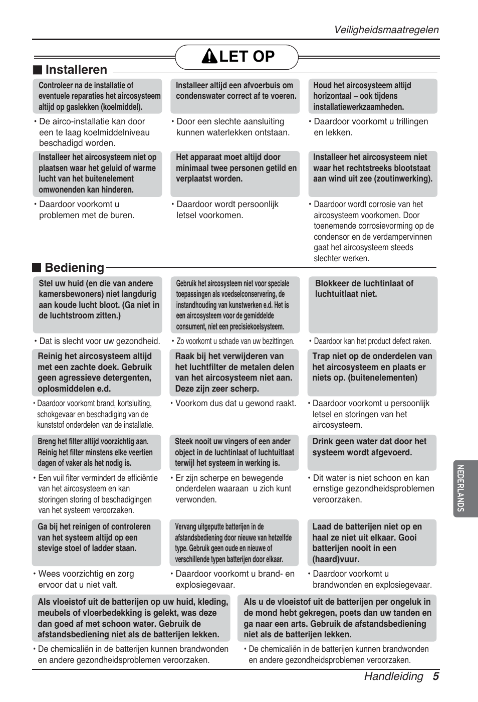 Let op, Installeren, Bediening | Handleiding 5 | LG ARNU48GTMC2 User Manual | Page 89 / 229