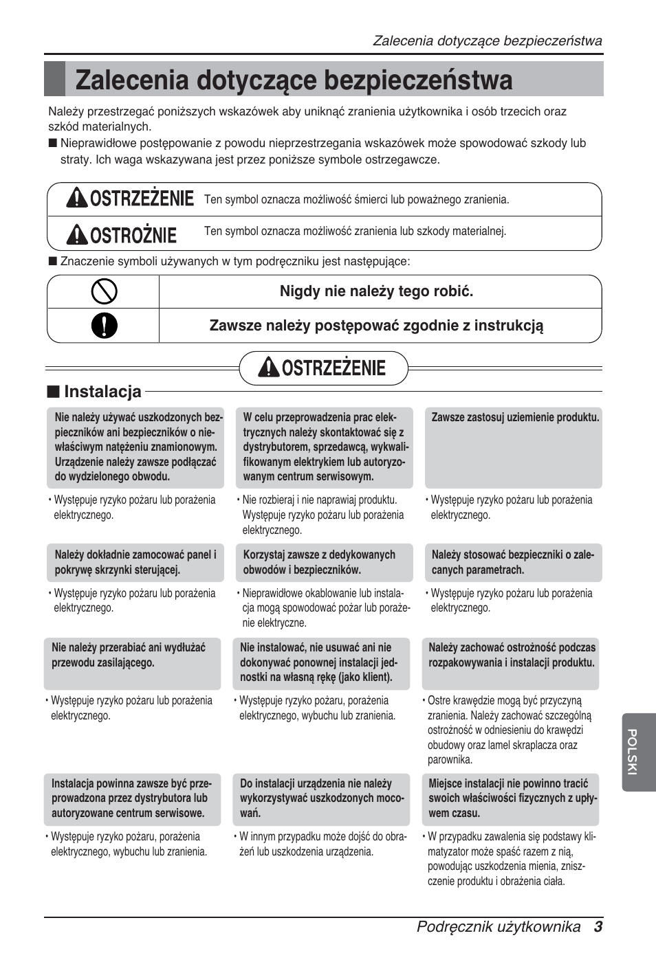 Zalecenia dotyczące bezpieczeństwa, Instalacja, Podręcznik użytkownika 3 | LG ARNU48GTMC2 User Manual | Page 99 / 229