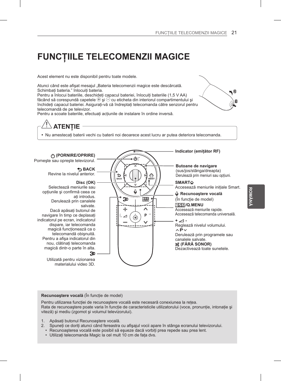 Funcţiile telecomenzii magice, Atenţie | LG 50PH660S User Manual | Page 158 / 475