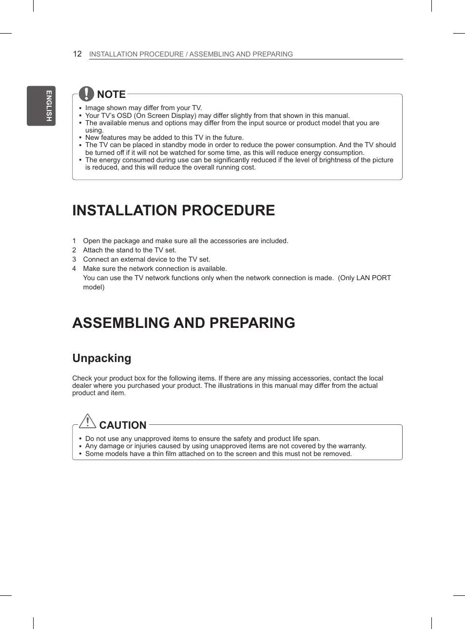 Installation procedure, Assembling and preparing, Unpacking | Caution | LG 50PH660S User Manual | Page 19 / 475