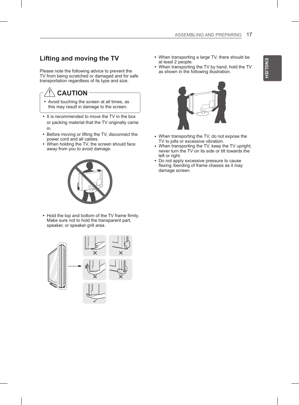 Caution, Lifting and moving the tv | LG 50PH660S User Manual | Page 24 / 475
