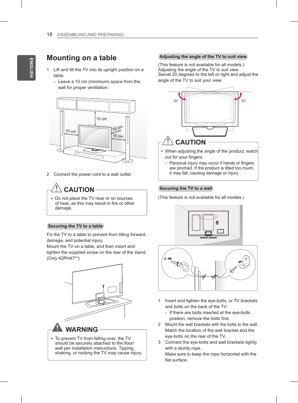 Mounting on a table, Caution, Warning | LG 50PH660S User Manual | Page 25 / 475