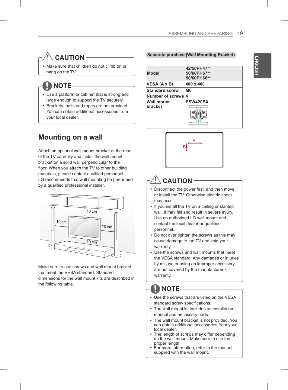 Mounting on a wall, Caution | LG 50PH660S User Manual | Page 26 / 475
