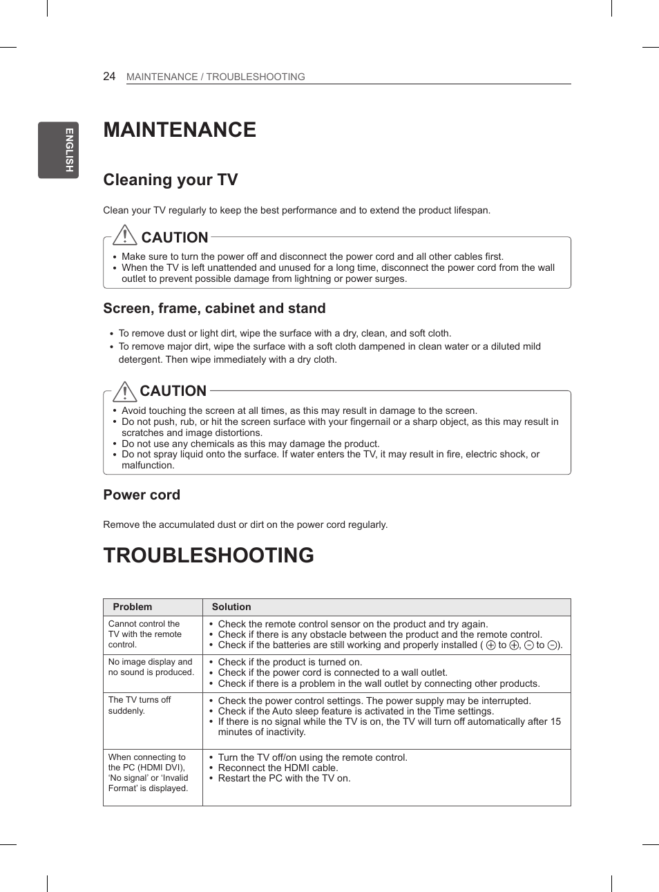 Maintenance, Troubleshooting, Cleaning your tv | Caution, Screen, frame, cabinet and stand, Power cord | LG 50PH660S User Manual | Page 31 / 475