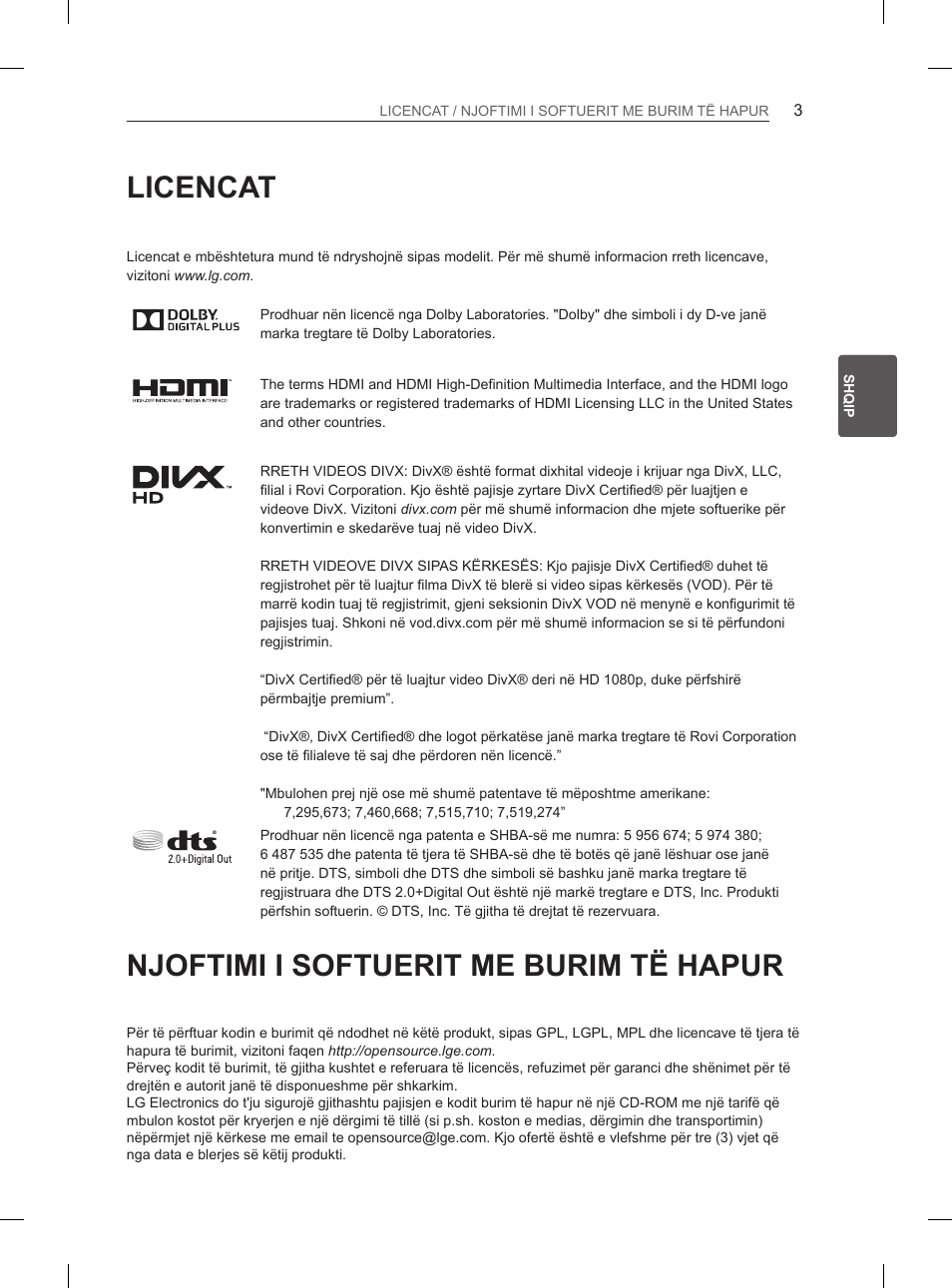 Licencat, Njoftimi i softuerit me burim të hapur | LG 50PH660S User Manual | Page 322 / 475