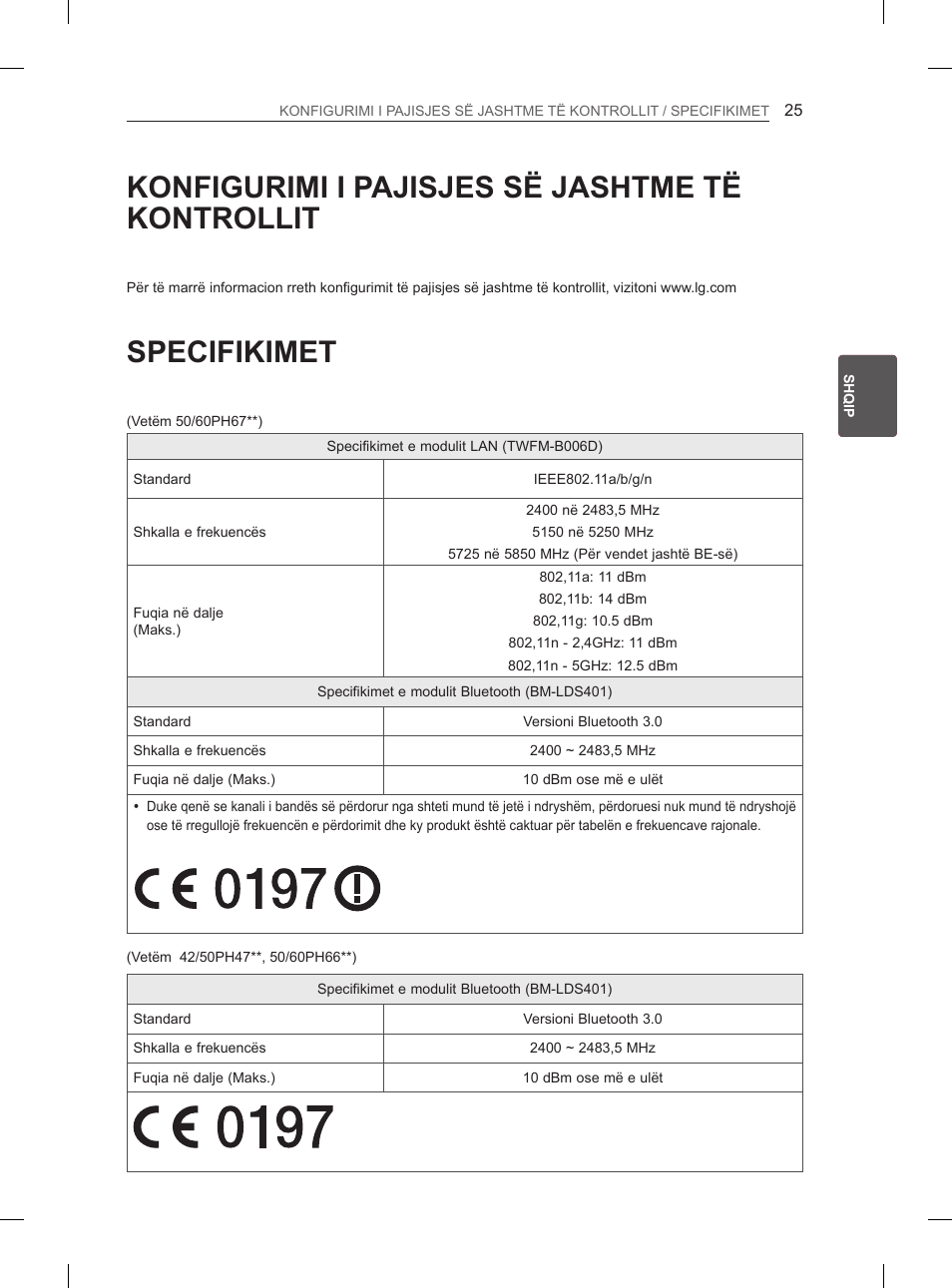 Konfigurimi i pajisjes së jashtme të kontrollit, Specifikimet | LG 50PH660S User Manual | Page 344 / 475