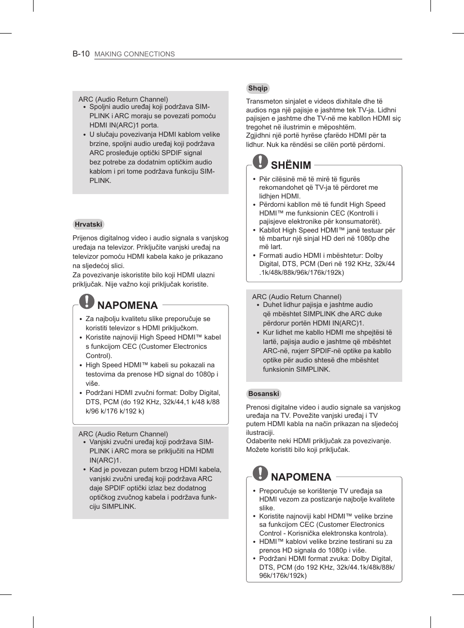 Napomena, Shënim | LG 50PH660S User Manual | Page 433 / 475