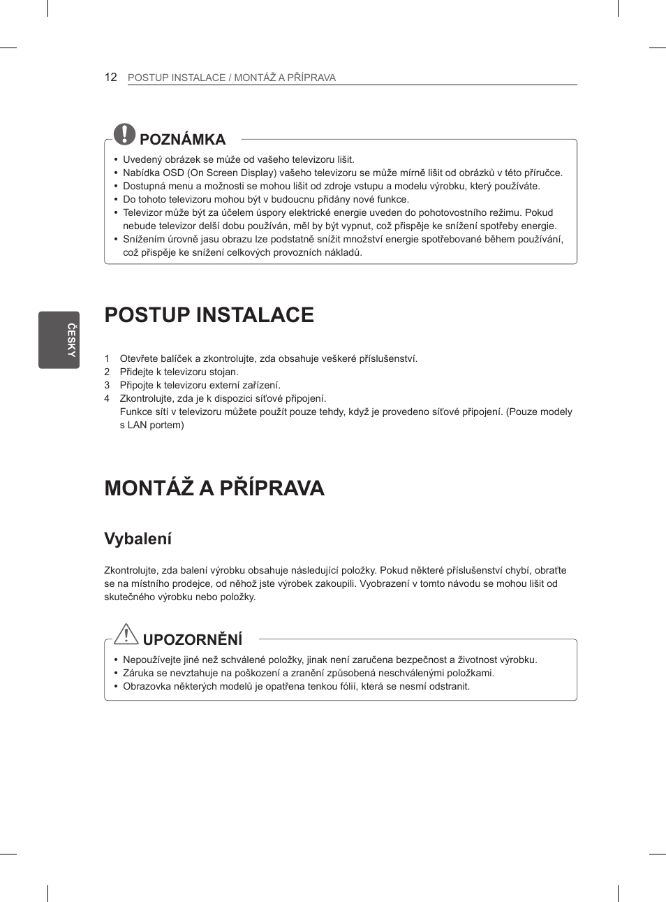 Postup instalace, Montáž a příprava, Vybalení | Poznámka, Upozornění | LG 50PH660S User Manual | Page 97 / 475