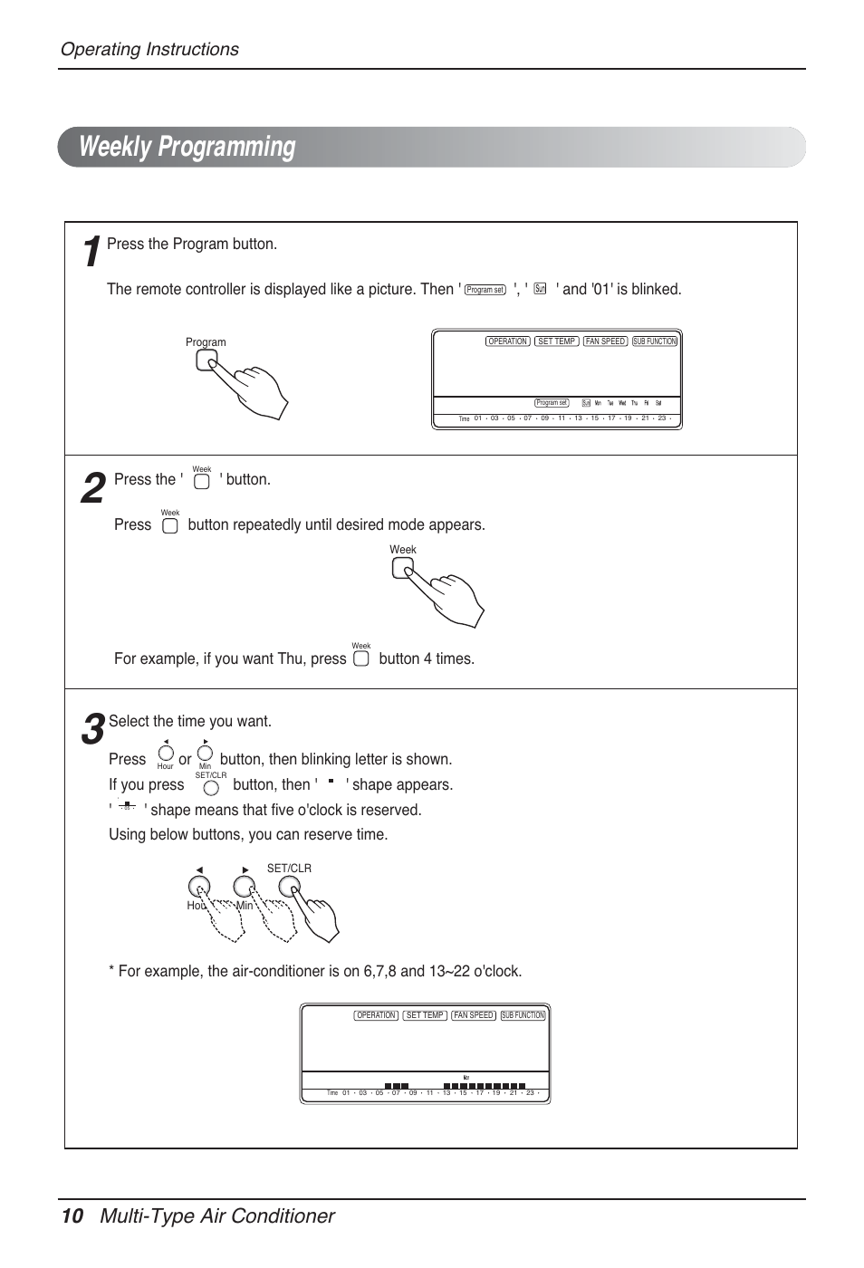 Weekly programming, 10 multi-type air conditioner, Operating instructions | LG MT12AH User Manual | Page 10 / 480