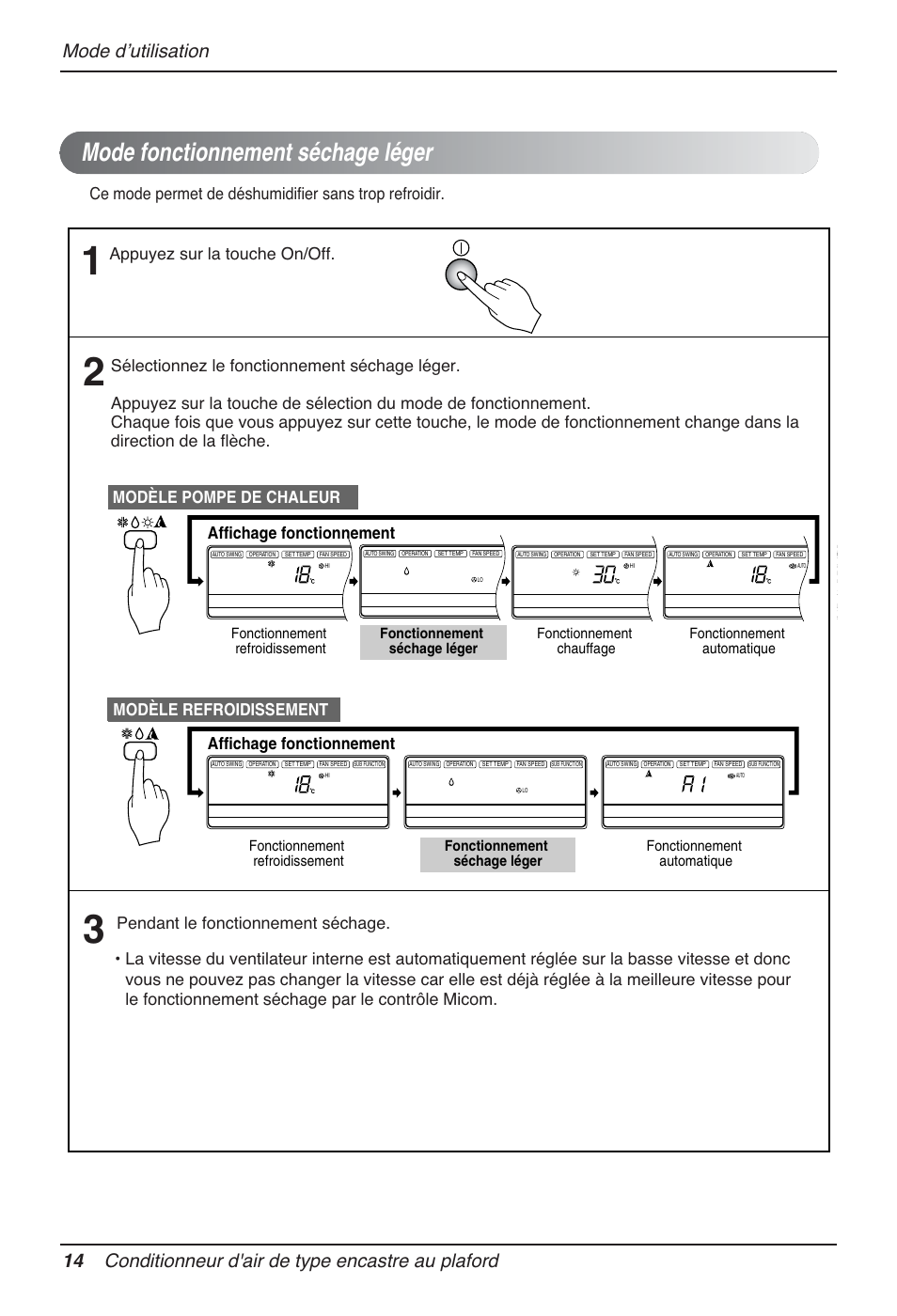 Mode fonctionnement séchage léger, Modèle refroidissement, Affichage fonctionnement modèle pompe de chaleur | Affichage fonctionnement | LG MT12AH User Manual | Page 102 / 480