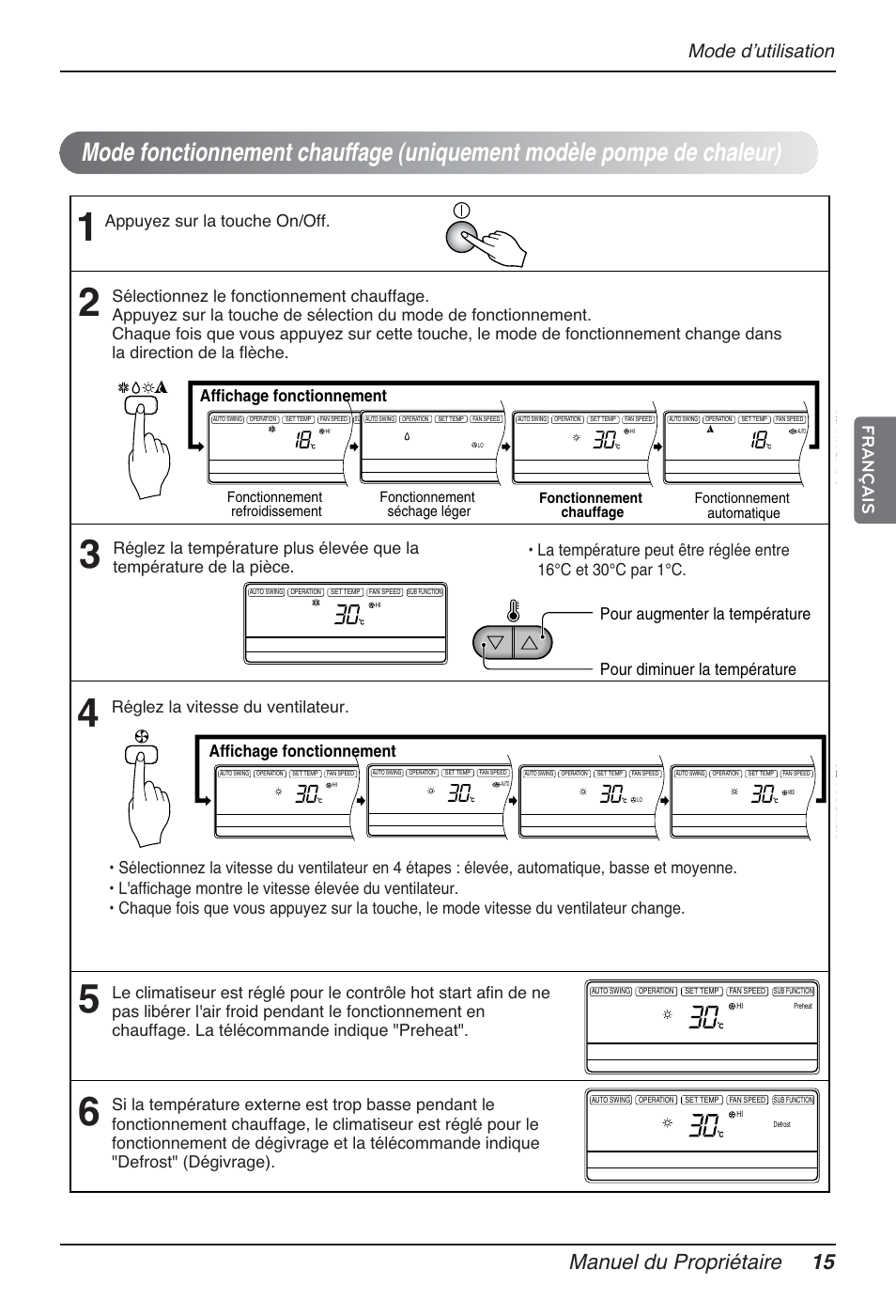 Manuel du propriétaire 15, Mode dʼutilisation, Français | Réglez la vitesse du ventilateur, Fonctionnement chauffage | LG MT12AH User Manual | Page 103 / 480