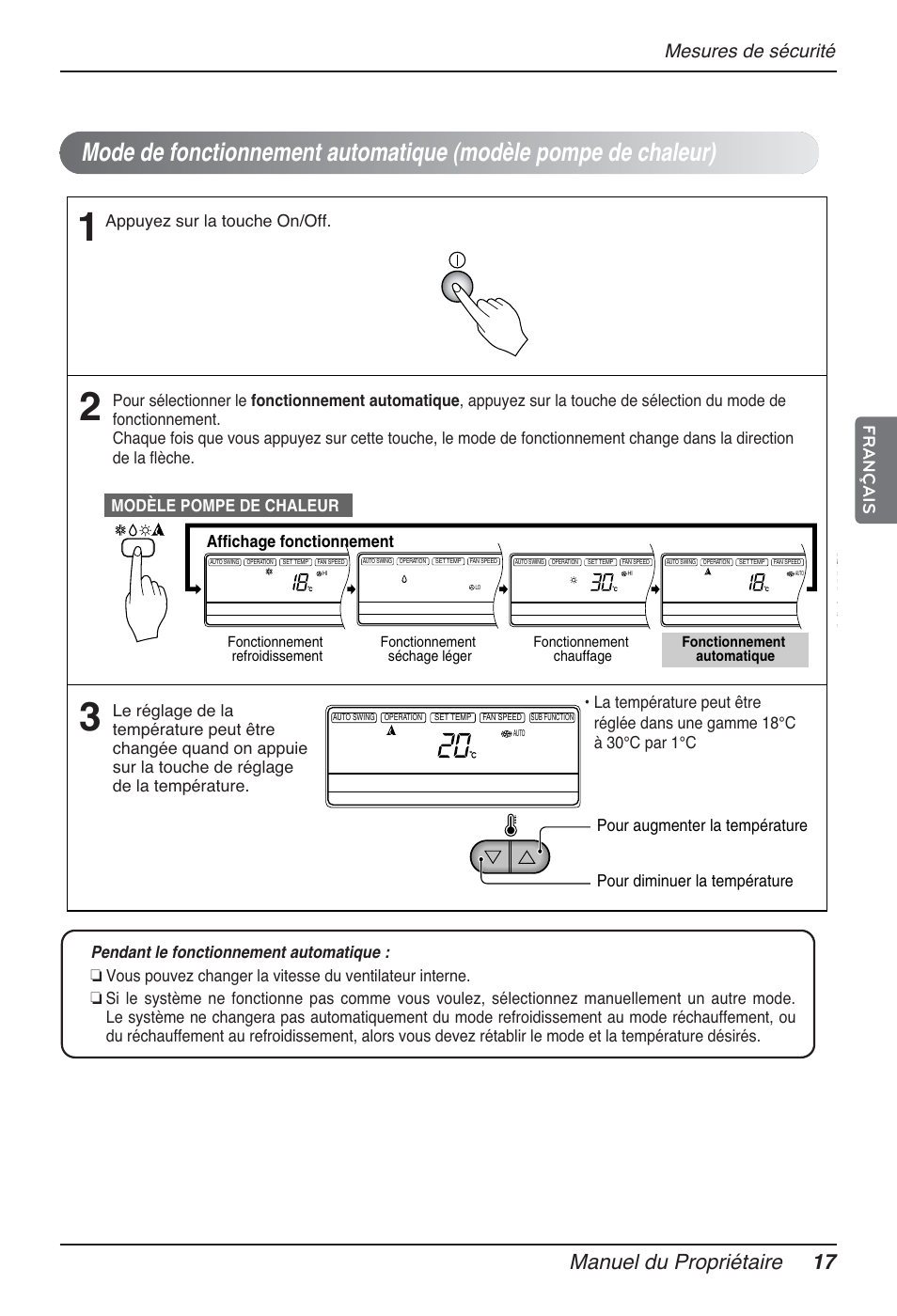 Manuel du propriétaire 17, Mesures de sécurité, Français | Modèle pompe de chaleur, Appuyez sur la touche on/off | LG MT12AH User Manual | Page 105 / 480