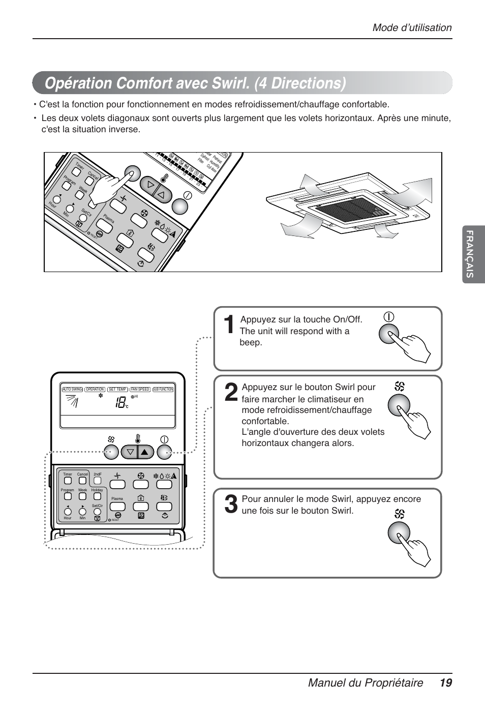 Opération comfort avec swirl. (4 directions), Manuel du propriétaire 19, Mode dʼutilisation | Français | LG MT12AH User Manual | Page 107 / 480