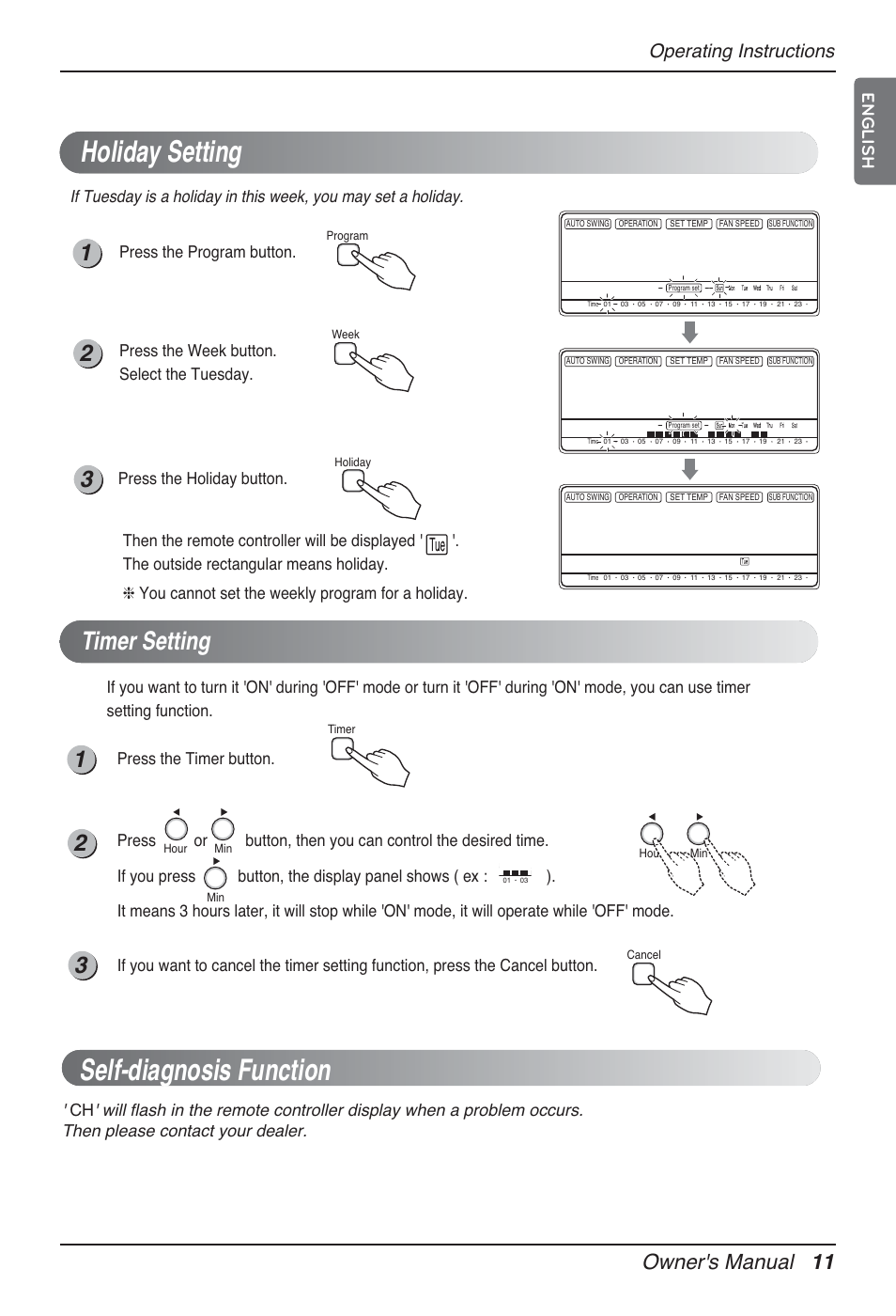 Holiday setting, Self-diagnosis function, Timer setting | Owner's manual 11, Operating instructions, English, Press the week button. select the tuesday, Press the timer button | LG MT12AH User Manual | Page 11 / 480