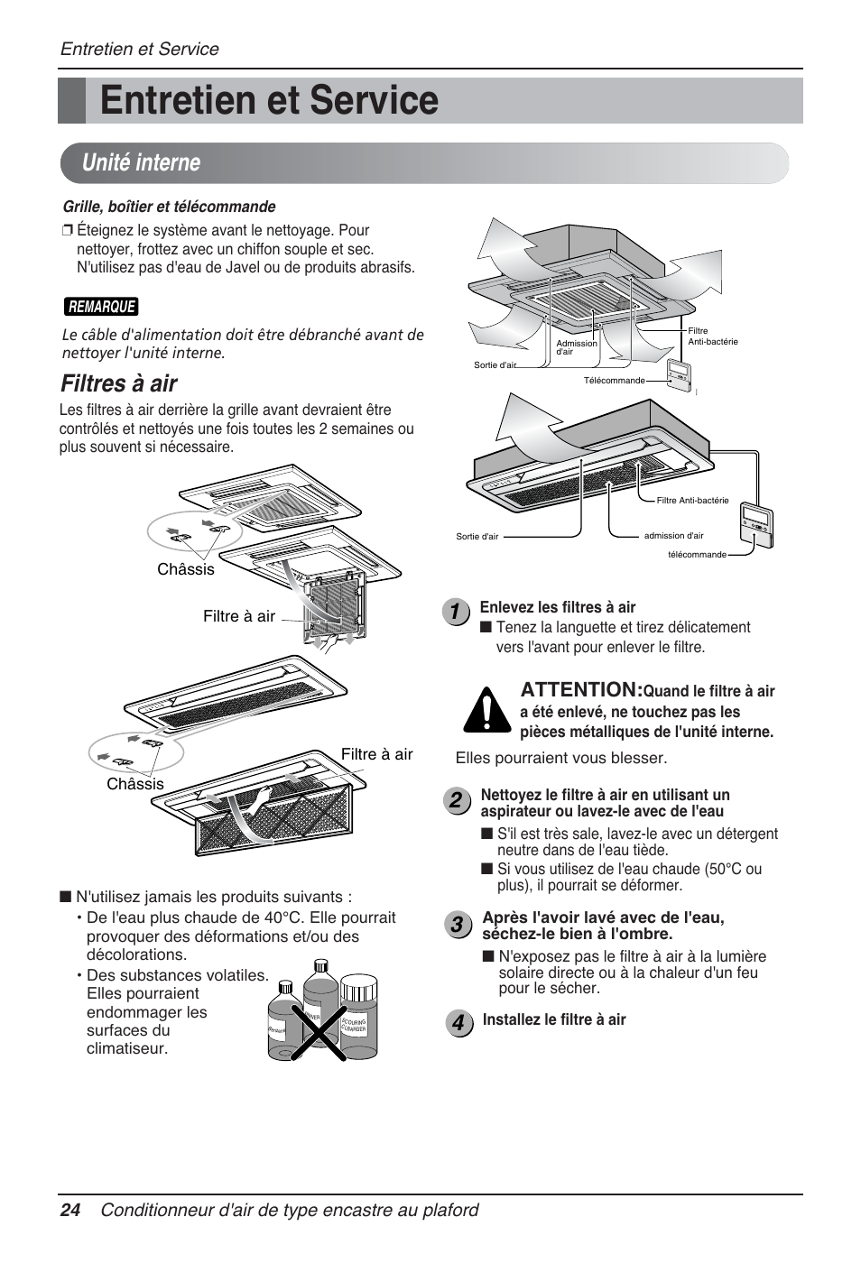 Entretien et service, Unité interne, Filtres à air | Attention | LG MT12AH User Manual | Page 112 / 480