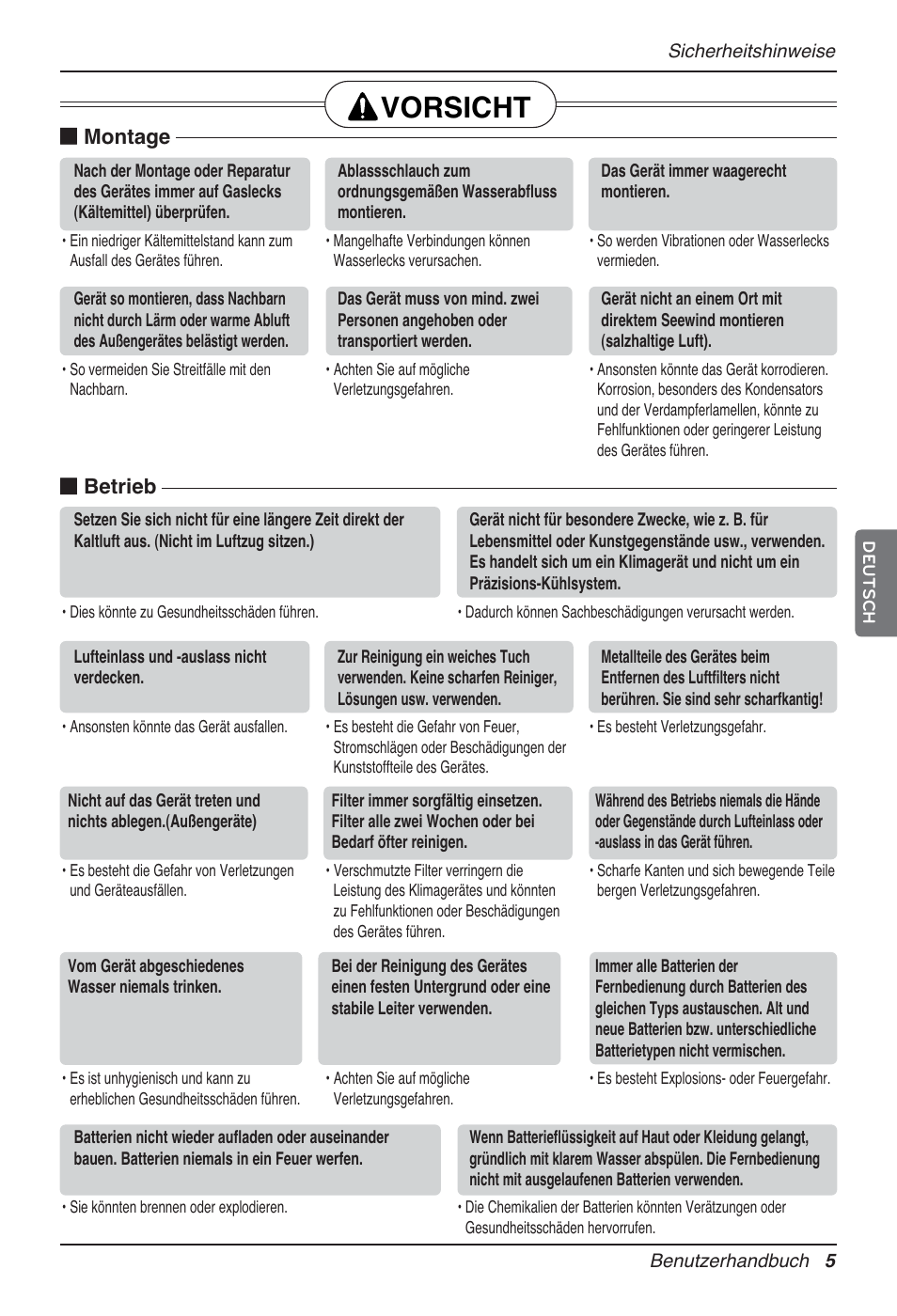 Vorsicht, Montage, Betrieb | LG MT12AH User Manual | Page 121 / 480